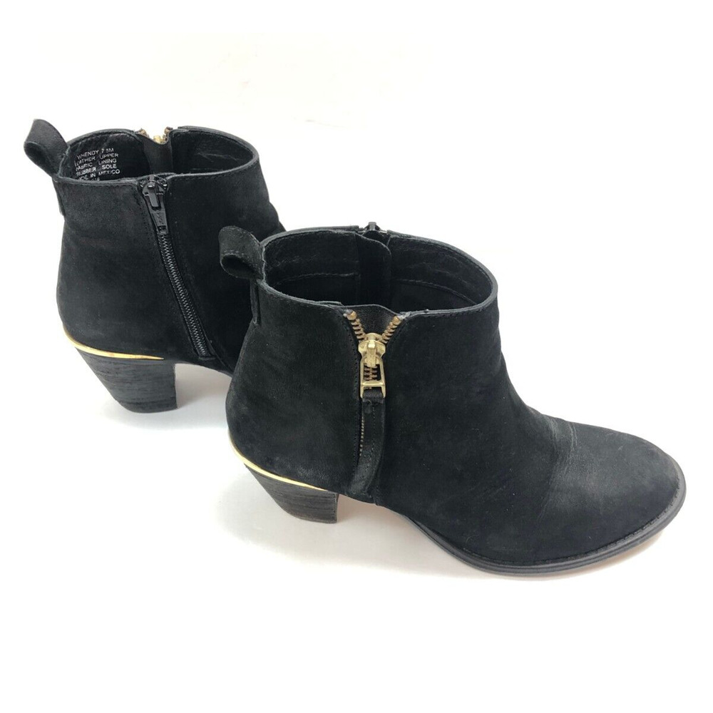Steve Madden Boots Black Suede‎ Leather Bootie Wood Block Heel 7.5 Gold Details